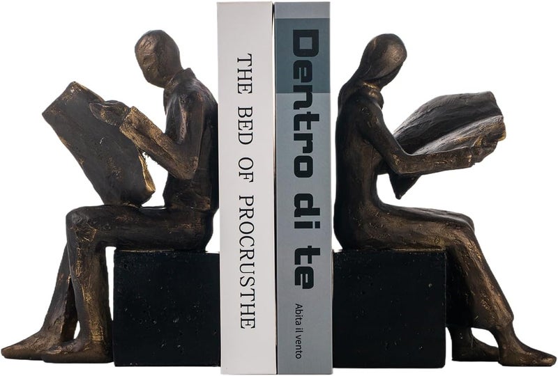 Lukitas Decorative Newspaper Reader Bookends, Heavy Duty Book Holder Non-Slip, Vintage Home Décor Accessories for Study Office Bookshelf, Bronze, Resin, 1Pair/2Piece 8'' - Image 1
